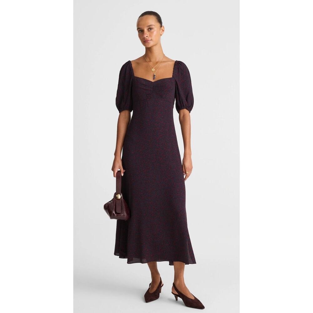 Madewell | NWT Puff Sleeve Sweetheart Midi Dress Leaf Print Navy Burgundy | Sz 6